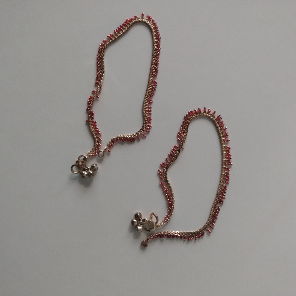 Ruby and Silver Toned Ankle Bracelets